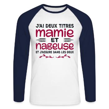 Zwei Oma-Schwimmer-Titel | Oma, Schwimmen - Unisex Baseballshirt langarm - Weiß/Navy - Vorne - Nik (191cm)