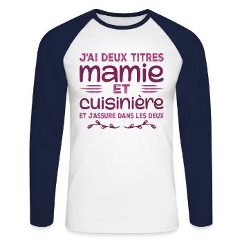 Zwei Titel Oma Köchin | Oma, Küche - Unisex Baseballshirt langarm - Weiß/Navy - Vorne - Nik (191cm)