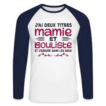 Zwei Titel Granny Bouliste | Oma, Pétanque - Unisex Baseballshirt langarm - Weiß/Navy - Vorne - Nik (191cm)