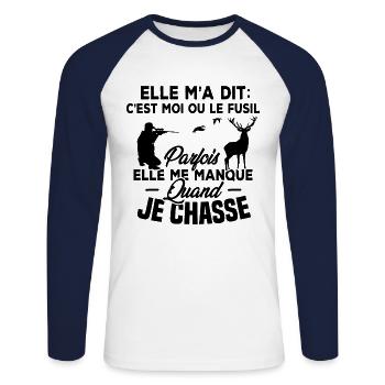 Le fusil parfois elle me manque quand je chasse - T-shirt baseball manches longues Homme - blanc/marine - Devant - Nik (191cm)
