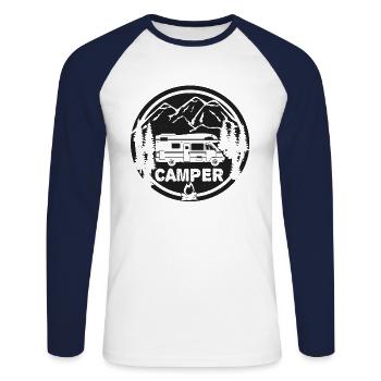 Wohnmobil CAMPER - Unisex Baseballshirt langarm - Weiß/Navy - Vorne - Nik (191cm)