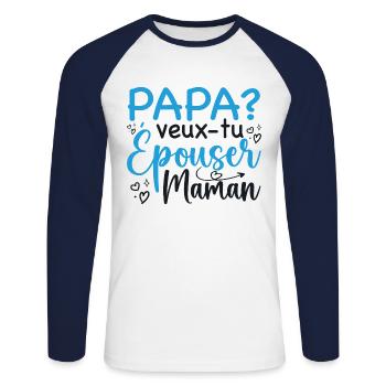 Papa veux tu épouser maman - demande mariage - T-shirt baseball manches longues Homme - blanc/marine - Devant - Nik (191cm)