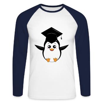 Netter Graduating Pinguin-Karikatur - Unisex Baseballshirt langarm - Weiß/Navy - Vorne - Nik (191cm)