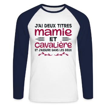 Zwei Titel Granny Rider | Oma | Pferd - Unisex Baseballshirt langarm - Weiß/Navy - Vorne - Nik (191cm)
