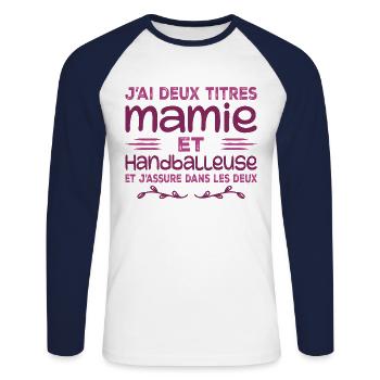 Zwei Titel Oma Handballerin, Handball, Großmutter - Unisex Baseballshirt langarm - Weiß/Navy - Vorne - Nik (191cm)