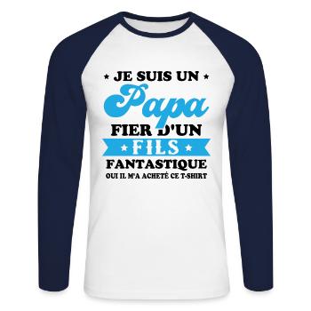 Je suis un papa fier d'un fils, Cadeau papa - T-shirt baseball manches longues Homme - blanc/marine - Devant - Nik (191cm)