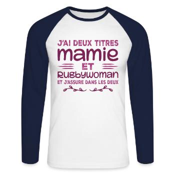 Zwei Granny Rugbywoman-Titel | Oma, Rugby - Unisex Baseballshirt langarm - Weiß/Navy - Vorne - Nik (191cm)