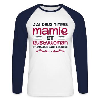 Zwei Granny Rugbywoman-Titel | Oma, Rugby - Unisex Baseballshirt langarm - Weiß/Navy - Vorne - Nik (191cm)