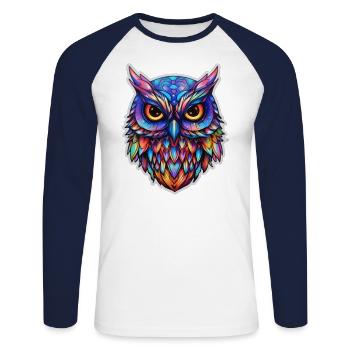 Leuchtendes Nocturne: Holographische Eulenpracht - Unisex Baseballshirt langarm - Weiß/Navy - Vorne - Nik (191cm)
