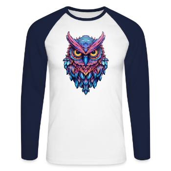 Leuchtendes Nocturne: Holographische Eulenpracht - Unisex Baseballshirt langarm - Weiß/Navy - Vorne - Nik (191cm)