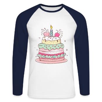 gâteau d'anniversaire joyeux anniversaire - T-shirt baseball manches longues Homme - blanc/marine - Devant - Nik (191cm)