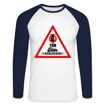 Tür schließen bitte | Farbe änderbar - Unisex Baseballshirt langarm - Weiß/Navy - Vorne - Nik (191cm)