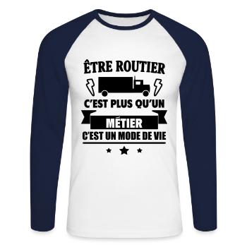Routier un mode vie chauffeur routier Humour - T-shirt baseball manches longues Homme - blanc/marine - Devant - Nik (191cm)