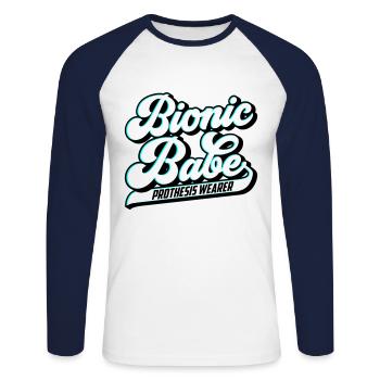 Bionic Babe | Prothese | Farben änderbar - Unisex Baseballshirt langarm - Weiß/Navy - Vorne - Nik (191cm)
