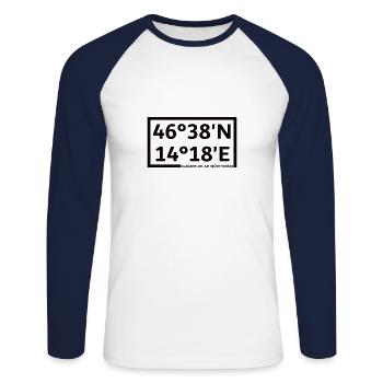 Klagenfurt am Wörthersee Koordinaten - Unisex Baseballshirt langarm - Weiß/Navy - Vorne - Nik (191cm)