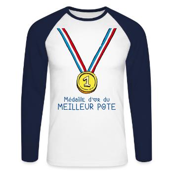 T-shirt Médaille d'or du meilleur pote - T-shirt baseball manches longues Homme - blanc/marine - Devant - Nik (191cm)