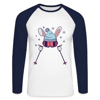 Lapin de ski avec bâtons de ski Lunettes de ski et casquette de ski - T-shirt baseball manches longues Homme - blanc/marine - Devant - Nik (191cm)