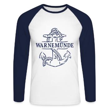 Anker Warnemünde Ostsee als Souvenir - Unisex Baseballshirt langarm - Weiß/Navy - Vorne - Nik (191cm)