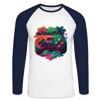 Console rétro - T-shirt baseball manches longues Homme - blanc/marine - Devant - Nik (191cm)