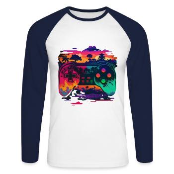 Retro Konsole - Unisex Baseballshirt langarm - Weiß/Navy - Vorne - Nik (191cm)