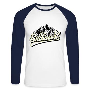 Farben änderbar | Skihaserl - Unisex Baseballshirt langarm - Weiß/Navy - Vorne - Nik (191cm)