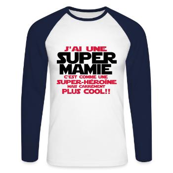 j'ai une super mamie - T-shirt baseball manches longues Homme - blanc/marine - Devant - Nik (191cm)
