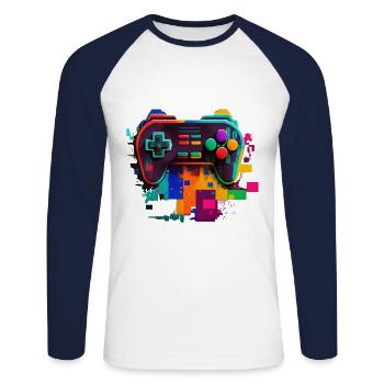 Retro Konsole - Unisex Baseballshirt langarm - Weiß/Navy - Vorne - Nik (191cm)