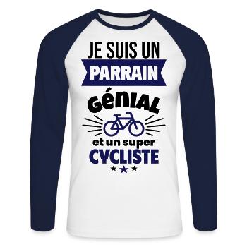 Parrain génial et super cycliste Vélo Cyclisme - T-shirt baseball manches longues Homme - blanc/marine - Devant - Nik (191cm)