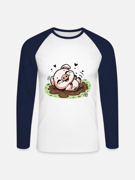 Niedliches Schweinchen im Schlamm - Unisex Baseballshirt langarm - Weiß/Navy