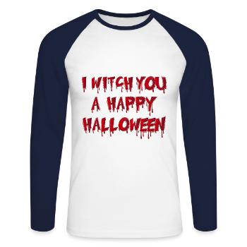 Happy Halloween Schriftzug Design - Unisex Baseballshirt langarm - Weiß/Navy - Vorne - Nik (191cm)