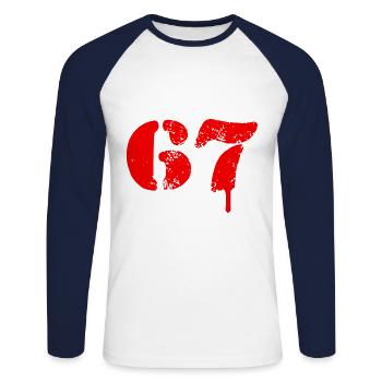 67 number symbol - Unisex Long Sleeve Baseball T-Shirt - white/navy - Front - Nik (191cm)