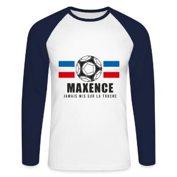 Maxence joueur et supporter de football - T-shirt baseball manches longues Homme - blanc/marine - Devant - Nik (191cm)