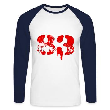 83 Symbole numérique - T-shirt baseball manches longues Homme - blanc/marine - Devant - Nik (191cm)