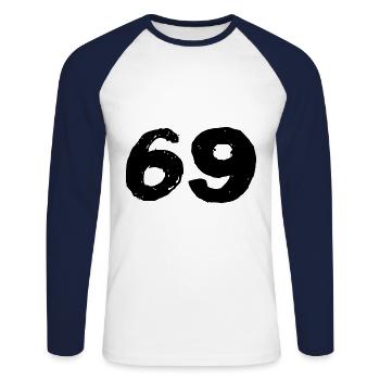 69 Zahl Trikot - Unisex Baseballshirt langarm - Weiß/Navy - Vorne - Nik (191cm)