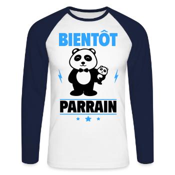 Bientôt Parrain – Annonce humoristique avec panda - T-shirt baseball manches longues Homme - blanc/marine - Devant - Nik (191cm)