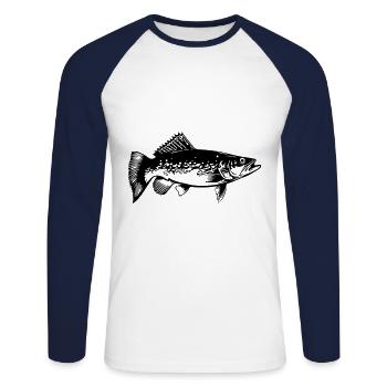 Pike Fish Silhouette - Unisex Long Sleeve Baseball T-Shirt - white/navy - Front - Nik (191cm)