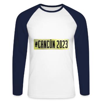 Cancun 2023 - Unisex Baseballshirt langarm - Weiß/Navy - Vorne - Nik (191cm)