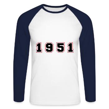 1951 Year Number - Unisex Long Sleeve Baseball T-Shirt - white/navy - Front - Nik (191cm)