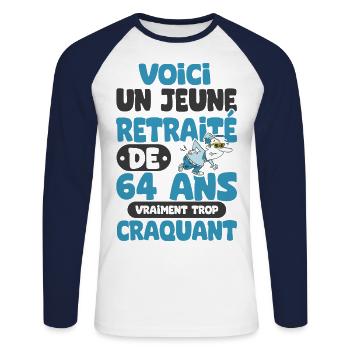 jeune retraité de 64 ans cadeau drôle retraite - T-shirt baseball manches longues Homme - blanc/marine - Devant - Nik (191cm)