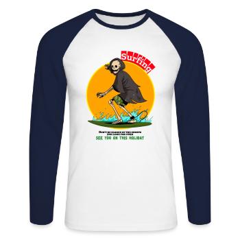 Skeleton play surfboard on holiday scary cartoon - Unisex Baseballshirt langarm - Weiß/Navy - Vorne - Nik (191cm)