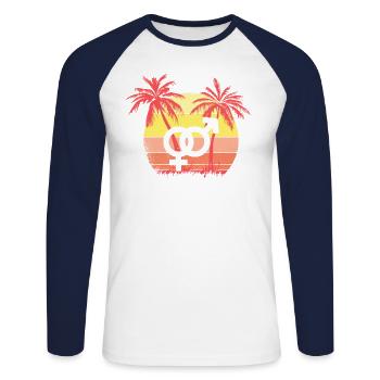 Female Male Love Symbol Summer Sunset 80s Palm - Unisex Long Sleeve Baseball T-Shirt - white/navy - Front - Nik (191cm)