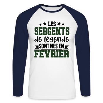 Sergent Militaire Armée Février Anniversaire - T-shirt baseball manches longues Homme - blanc/marine - Devant - Nik (191cm)