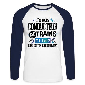 Conducteur de Trains Cadeau Homme Humour Métier - T-shirt baseball manches longues Homme - blanc/marine - Devant - Nik (191cm)