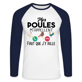 Poulailler poule volaille poussin. Cadeau ferme - T-shirt baseball manches longues Homme - blanc/marine - Devant - Nik (191cm)