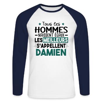Damien Prénom Homme Cadeau Humour - T-shirt baseball manches longues Homme - blanc/marine - Devant - Nik (191cm)