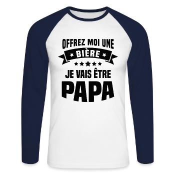 Offrez moi une bière je vais être papa - T-shirt baseball manches longues Homme - blanc/marine - Devant - Nik (191cm)