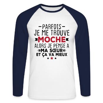 Parfois je me trouve moche alors je pense à sœur - T-shirt baseball manches longues Homme - blanc/marine - Devant - Nik (191cm)