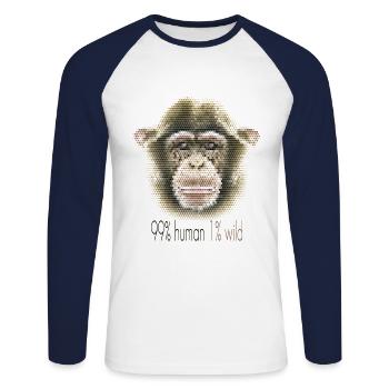 Schimpansen-Gesichtskunst – 99% Mensch 1% Wild Shirt - Unisex Baseballshirt langarm - Weiß/Navy - Vorne - Nik (191cm)