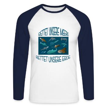 Sauvez nos mers T-Shirt Animaux marins dans l'océan - T-shirt baseball manches longues Homme - blanc/marine - Devant - Nik (191cm)