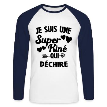 Je suis une Super kiné qui déchire - T-shirt baseball manches longues Homme - blanc/marine - Devant - Nik (191cm)